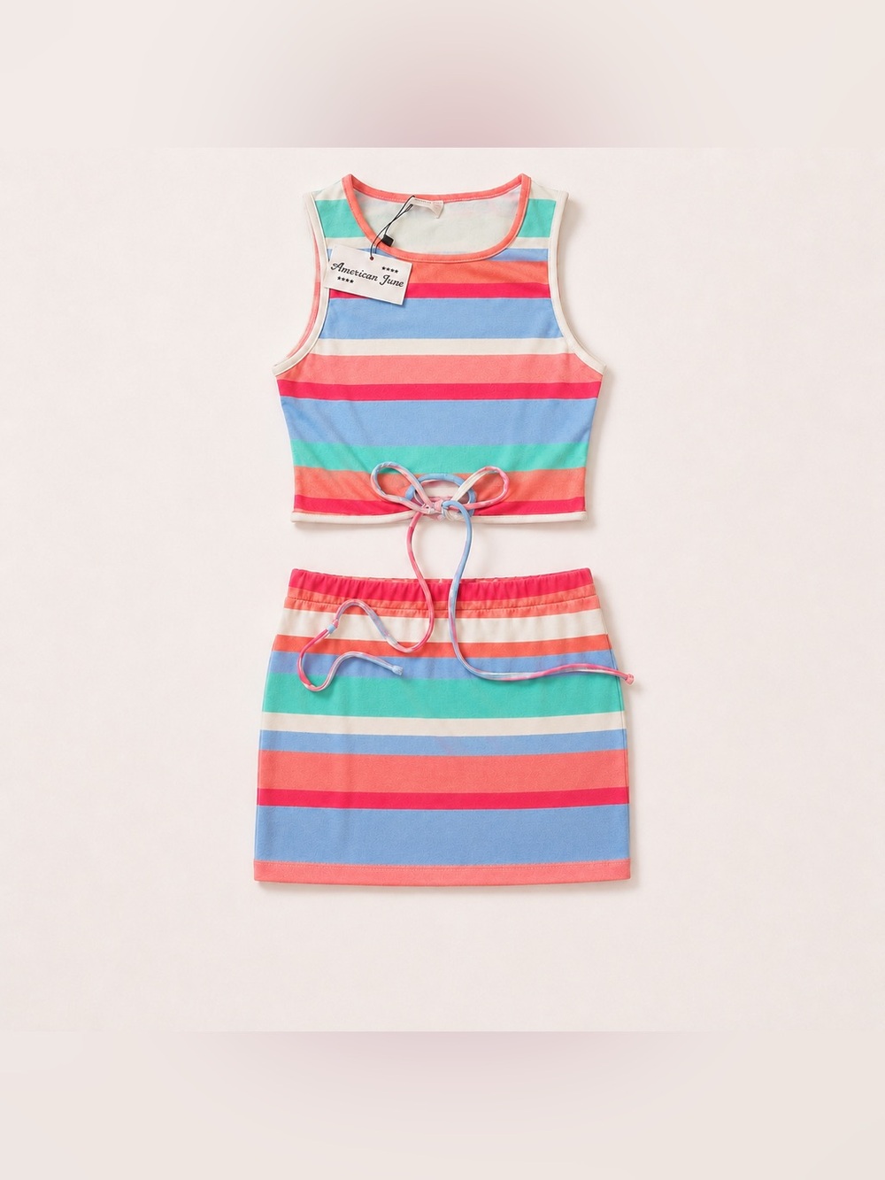 American June Multicolor Striped Crop Top Mini Skirt Set NWT
